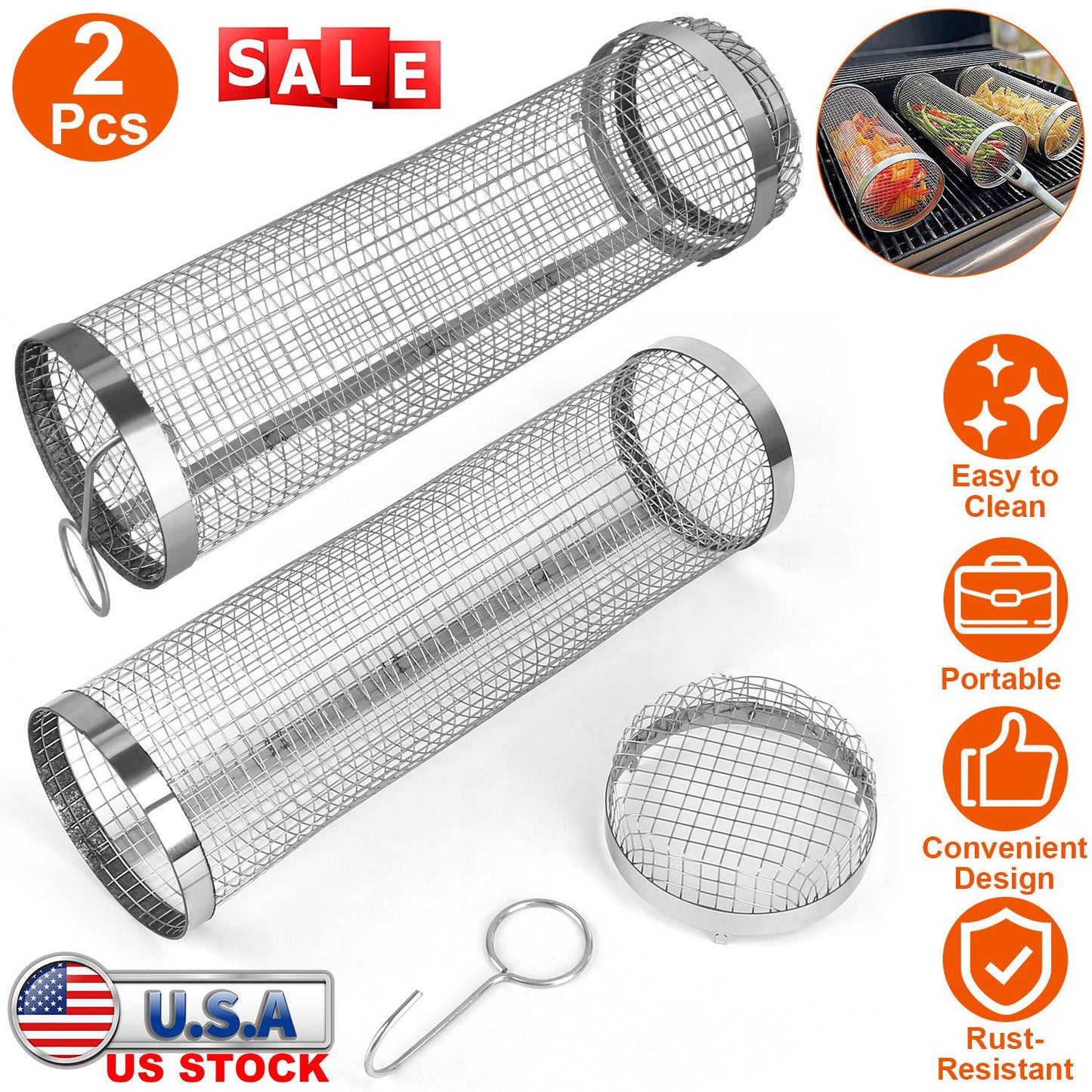 Stainless Steel Rolling Grill Basket Set - 2 Pack with Hooks