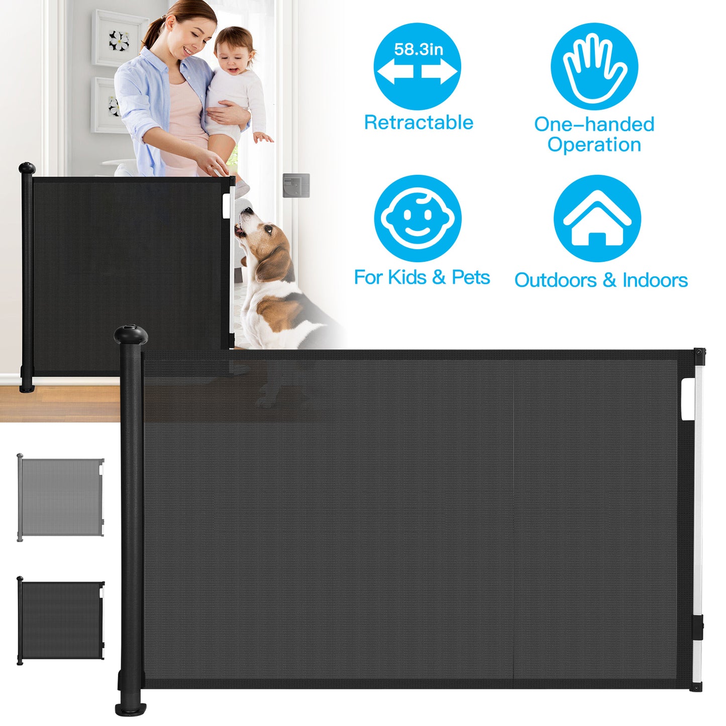 Retractable Baby Gate 58.3" Wide for Stairs & Doorways