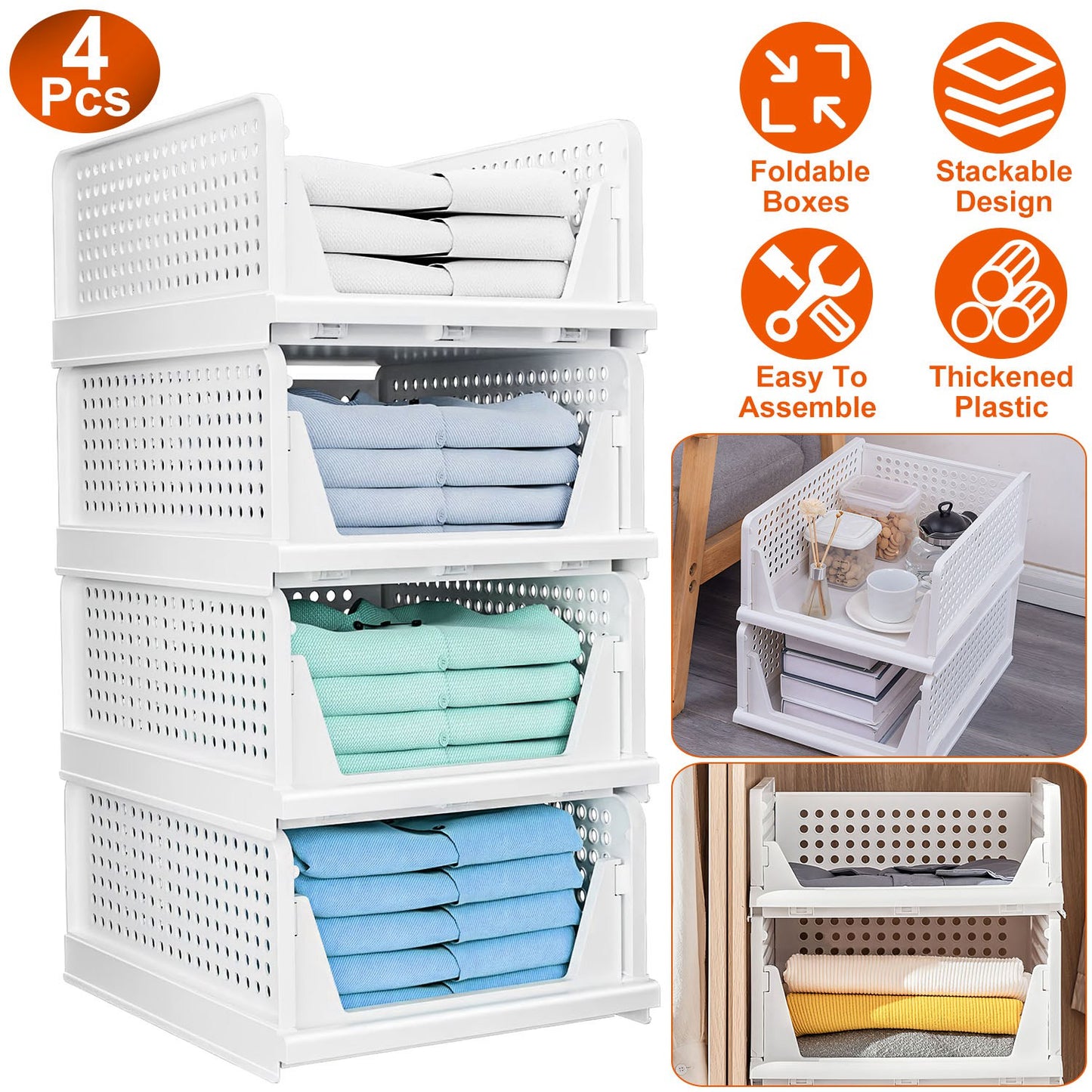 Plastic Storage Bins with Slide Rails - 4 Pack Stackable