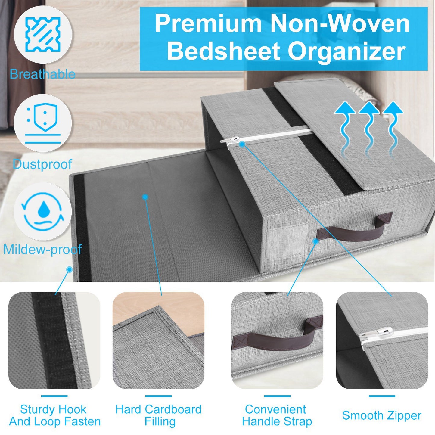 Bed Sheet Storage Organizers Set of 4 with Handles & Labels