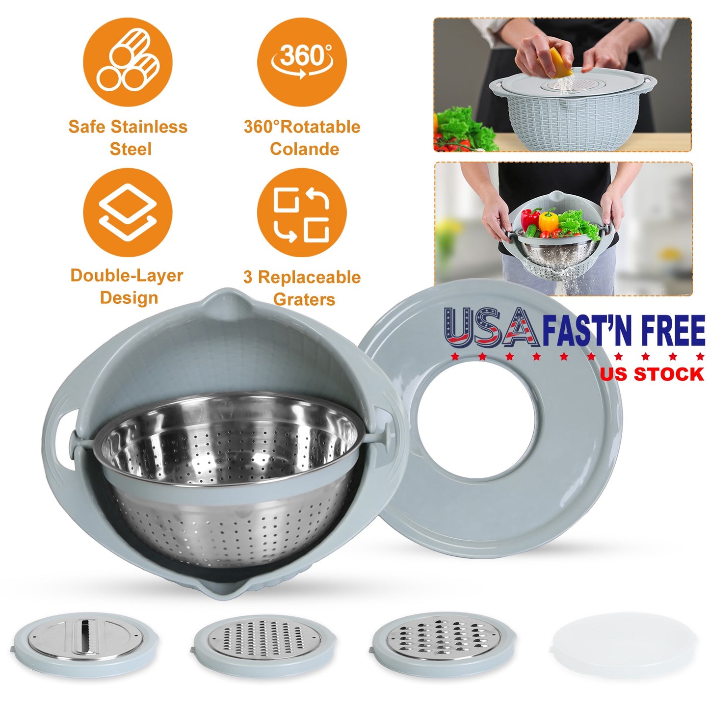 Mixing Bowl with Colander Set & 3 Graters - Multifunctional
