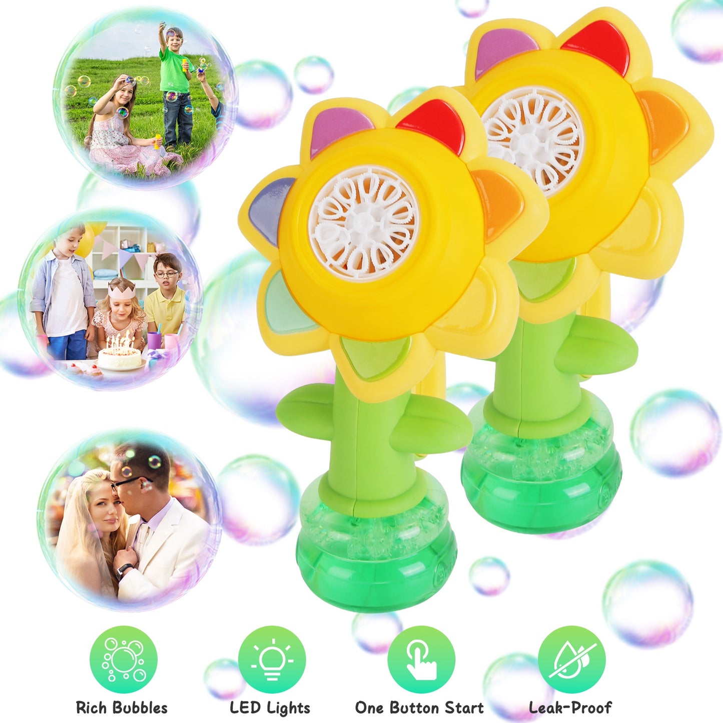 Rechargeable Sunflower Bubble Machine with LED Lights (2-Pack)