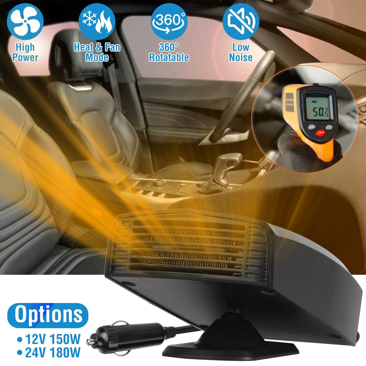 12V 150W Portable Car Heater Heating Fan 2 in 1 Defroster Defogger Demister Windshield Heater Automotive Cooling Fan with 360¡Rotating Base
