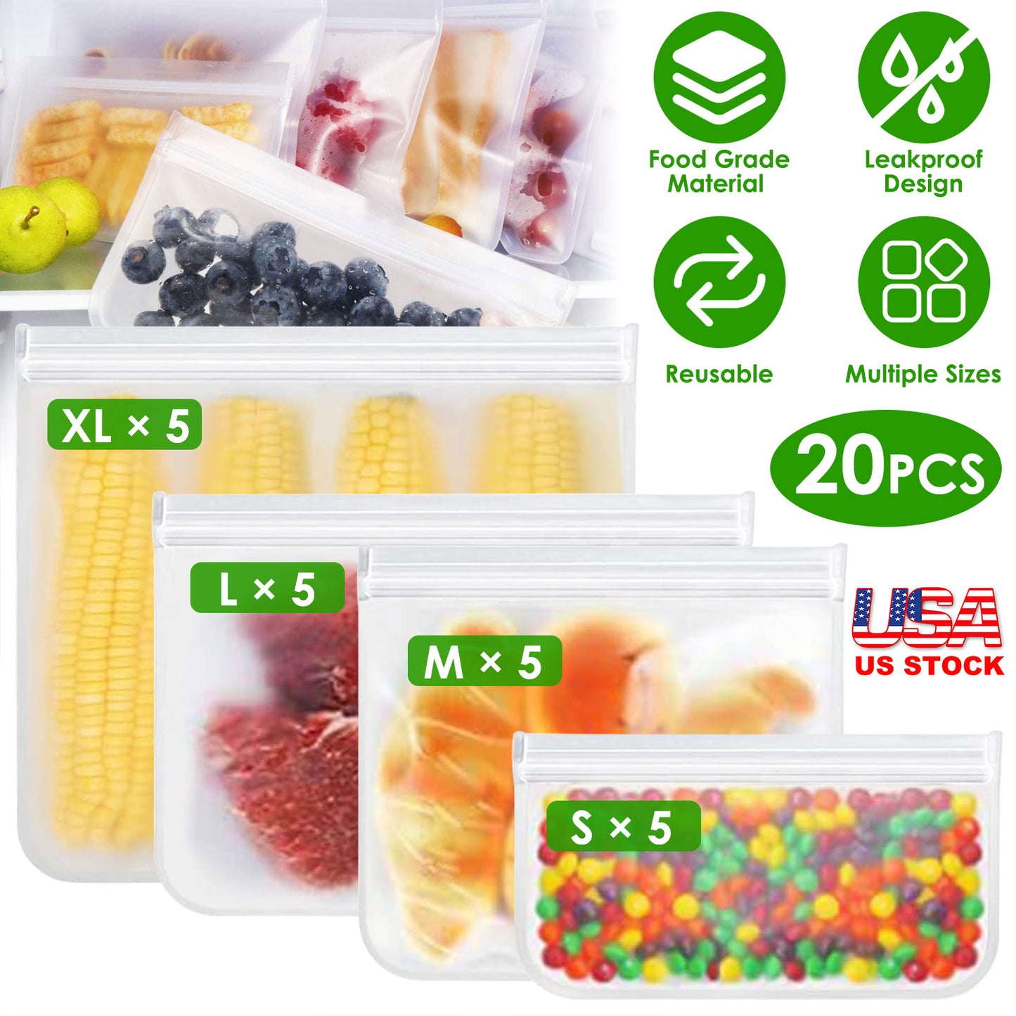 Reusable Food Storage Bags Set of 20 - Leakproof PEVA Freezer Bags