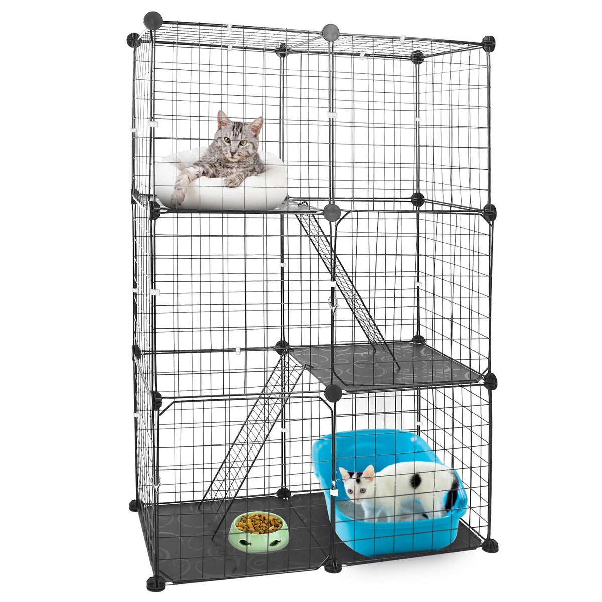 3 Tier Cat Playpen Cage Metal Indoor Cat House Detachable Kitten House with 3 Doors 2 Ladders Large Cat Exercise Place for 1-2 Cats Black