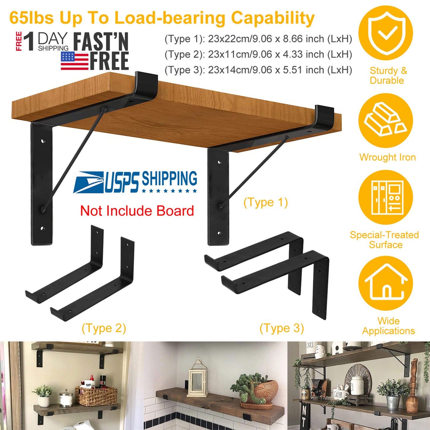 Heavy Duty Wall Mounted Shelf Brackets - 2 Pack Black Metal