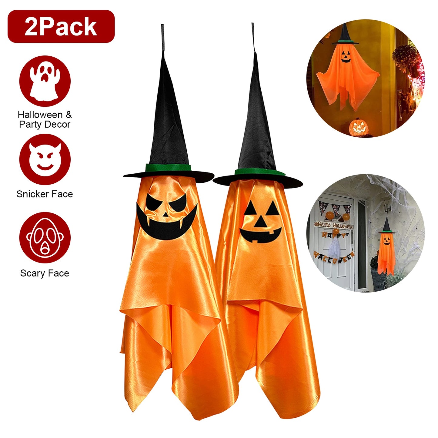 Hanging Pumpkin Wizard Hat Ghosts - 2 Pack Halloween Decoration