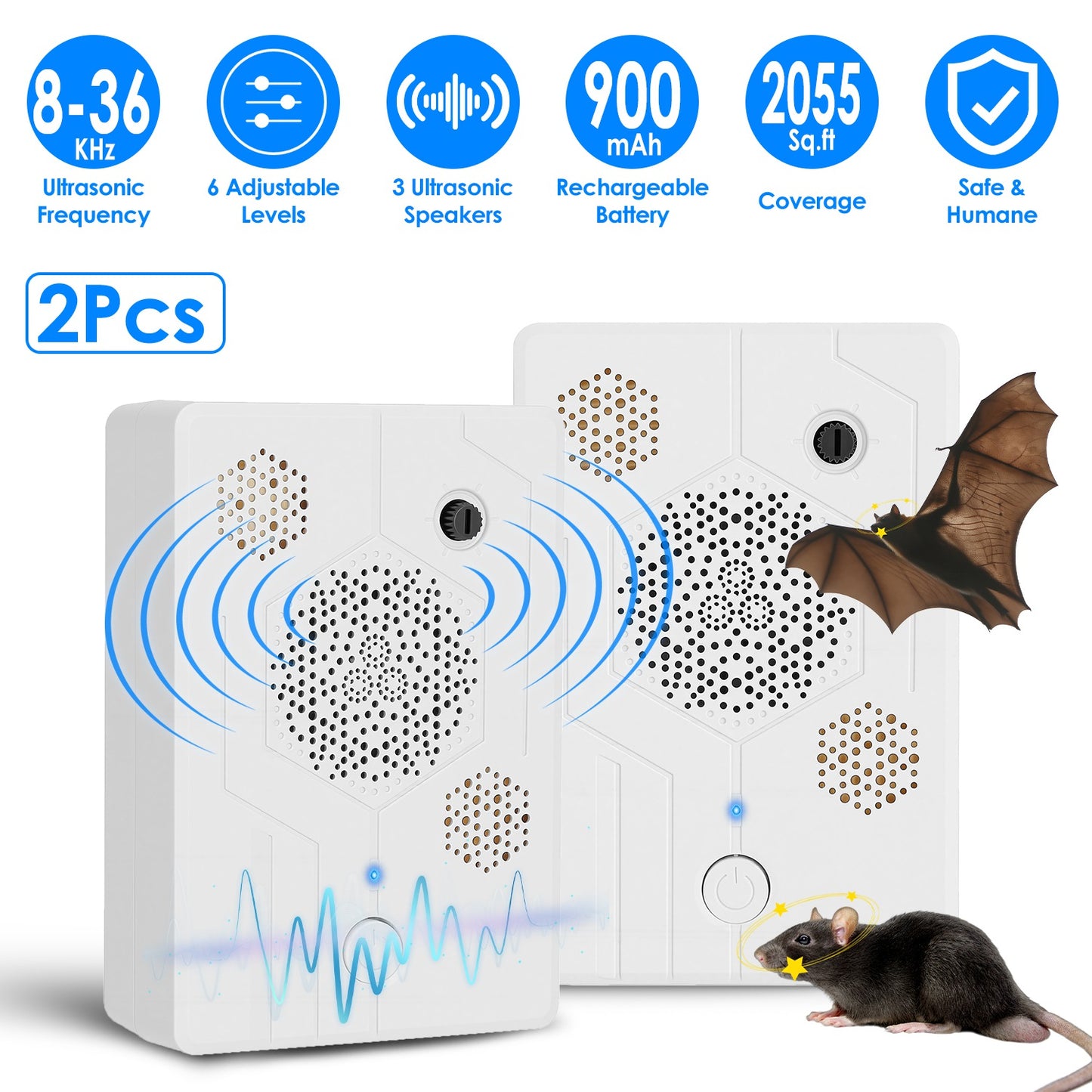 Ultrasonic Pest Repeller 2-Pack Rechargeable Bat Bird Mouse