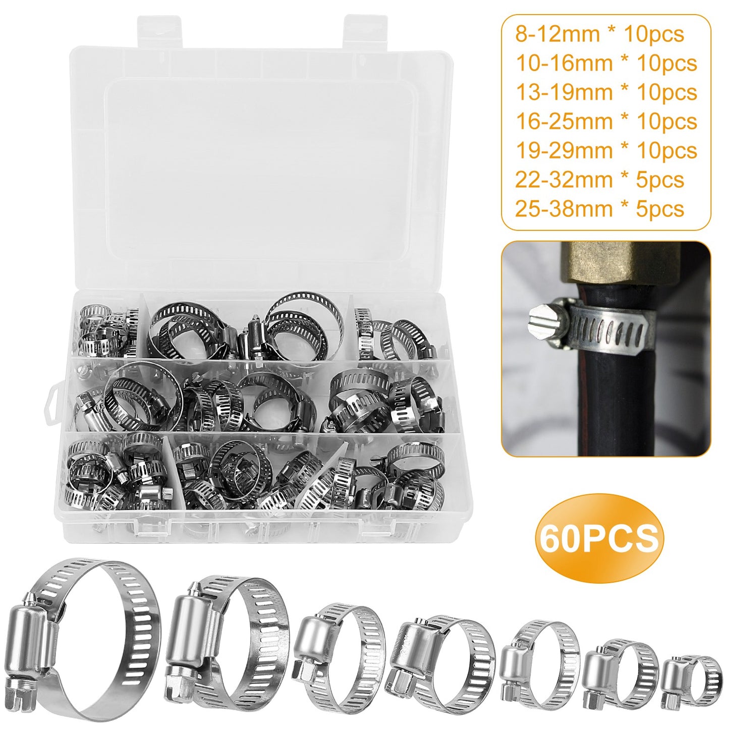Hose Clamp Set 60-Piece Stainless Steel Adjustable Kit