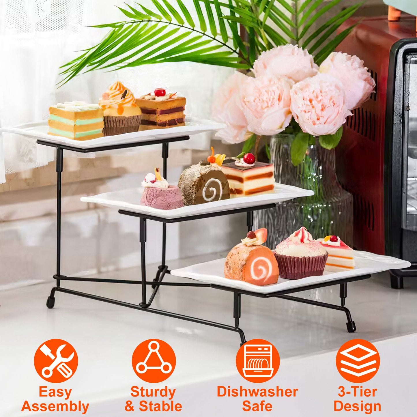 3-Tier Serving Tray with Adjustable Stand - White & Black