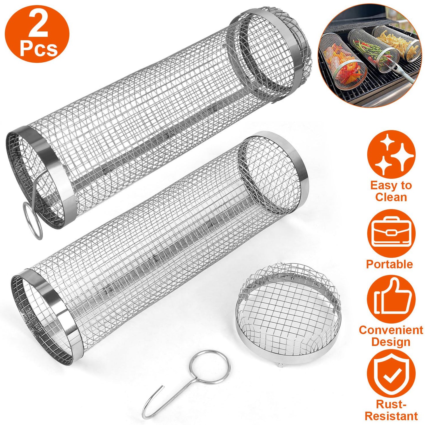 Stainless Steel Rolling Grill Basket Set - 2 Pack with Hooks