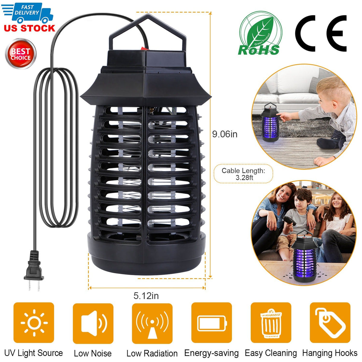 Bug Zapper Electric UV Mosquito Killer Lamp Insect Killer Light Pest Fly Trap Catcher Harmless Odorless Noiseless Narrow Safe Gap For Home Restaurant