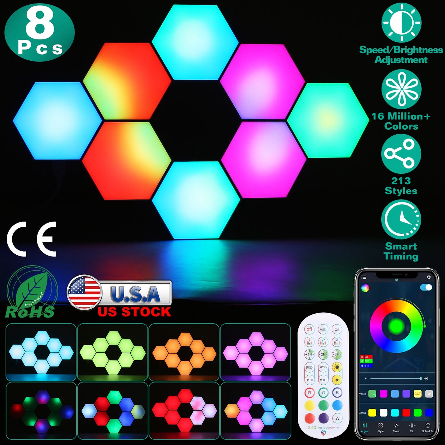 Hexagon Light Panels 8-Pack RGBW Smart LED Wall Lights