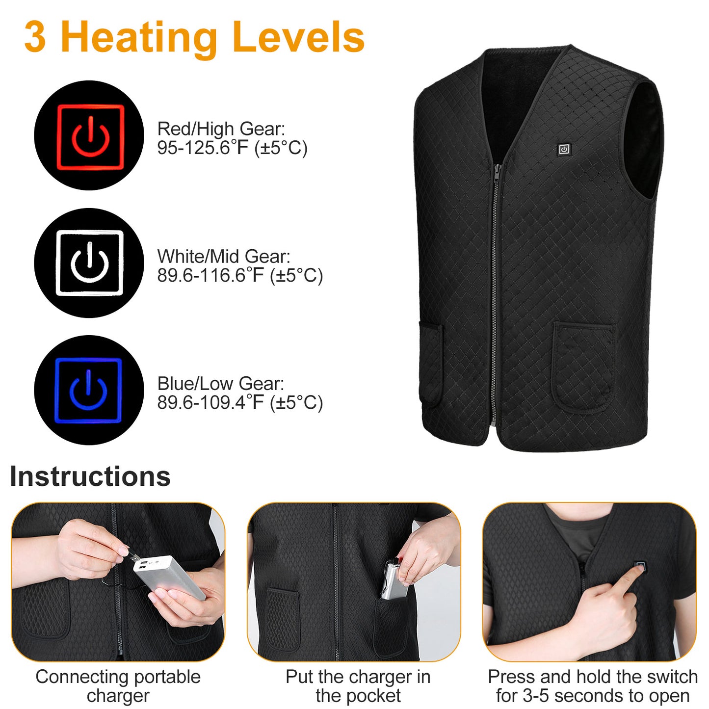 USB Heated Vest with 5 Heating Zones - 3 Temperature Settings