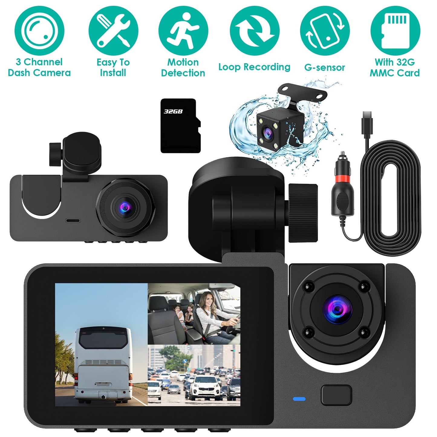3-Channel Dash Cam with Front, Inside & Rear Cameras