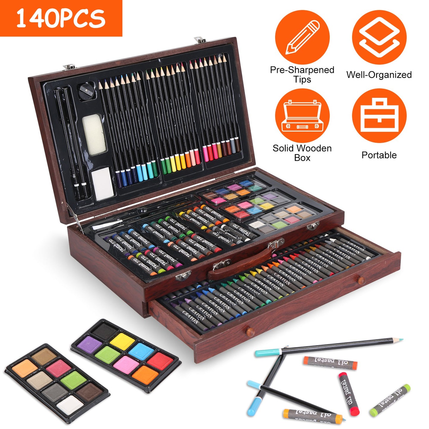 140-Piece Art Supply Set in Wooden Box with Pencils & Paints