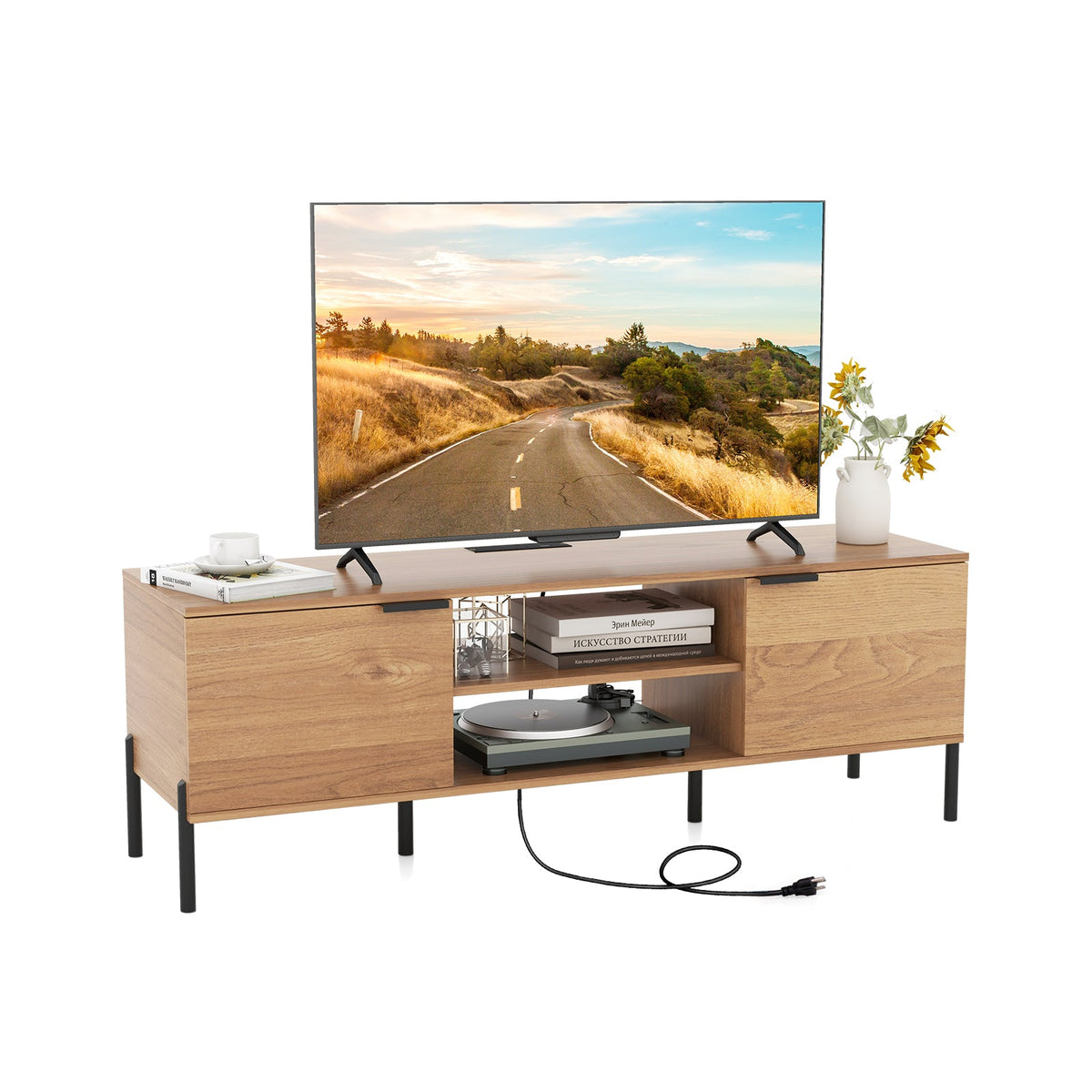 2-Door TV Stand with Charging Station and Open Shelves for TVs up to 65 Inches-Natural