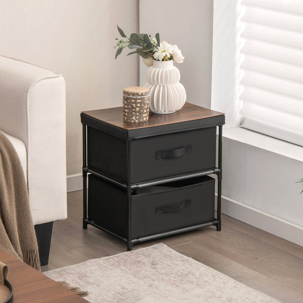 2-Drawer Nightstand with Removable Fabric Bins and Pull Handles