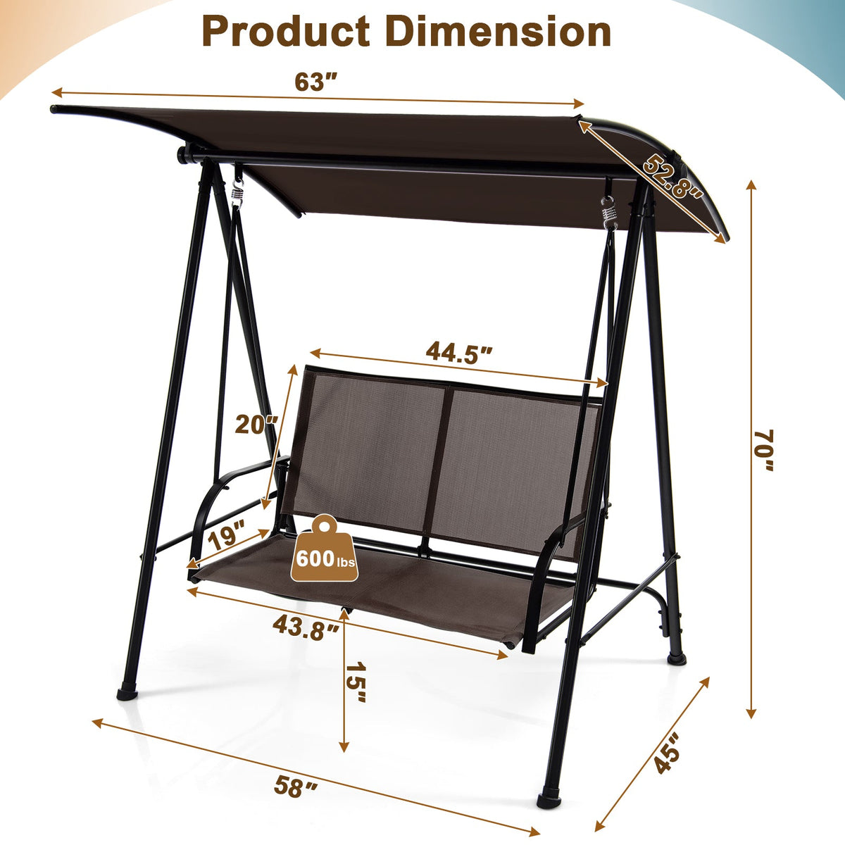 2-Seat Outdoor Canopy Swing with Comfortable Fabric Seat and Heavy-duty Metal Frame
