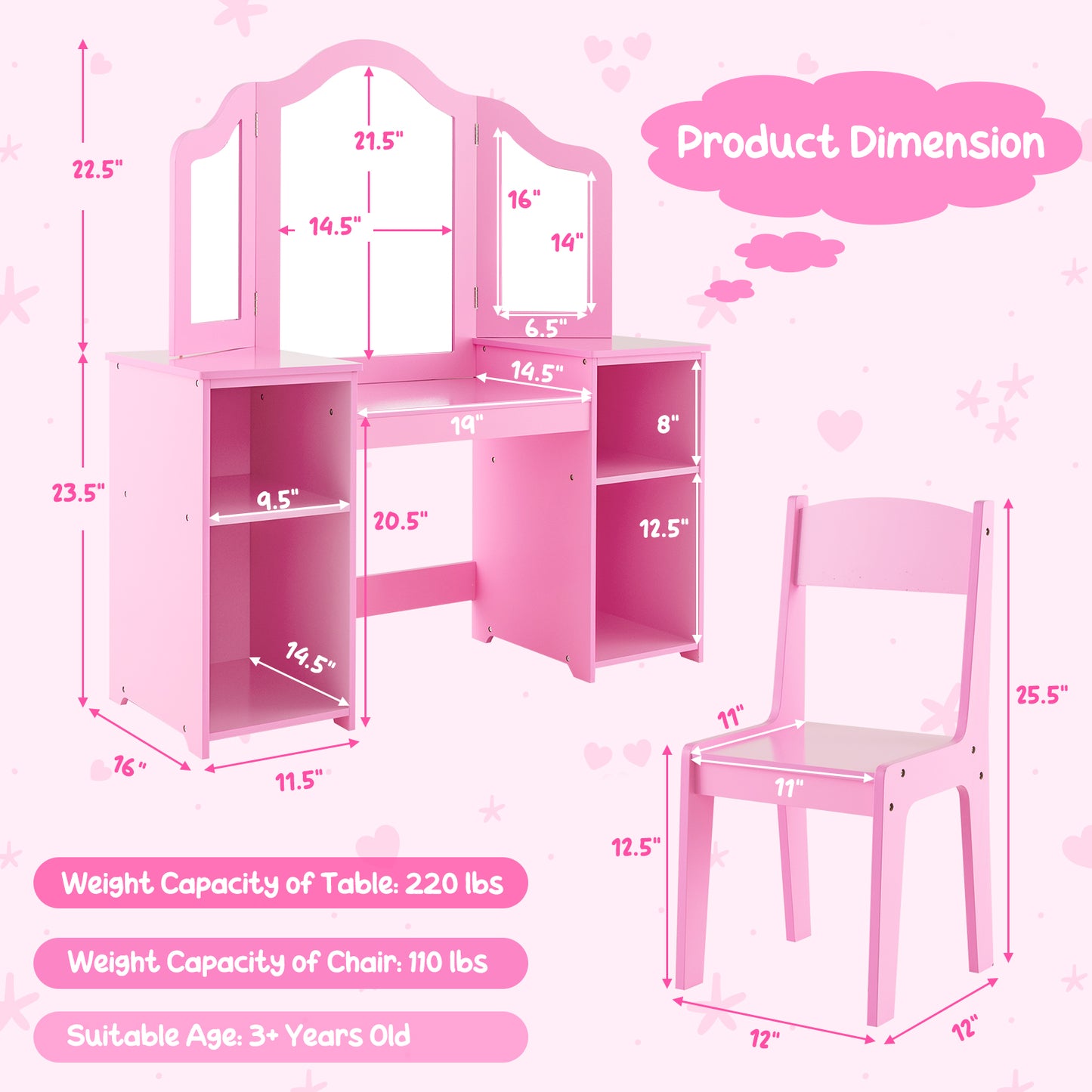 Kids Vanity Table and Chair Set with Tri-Folding Mirror