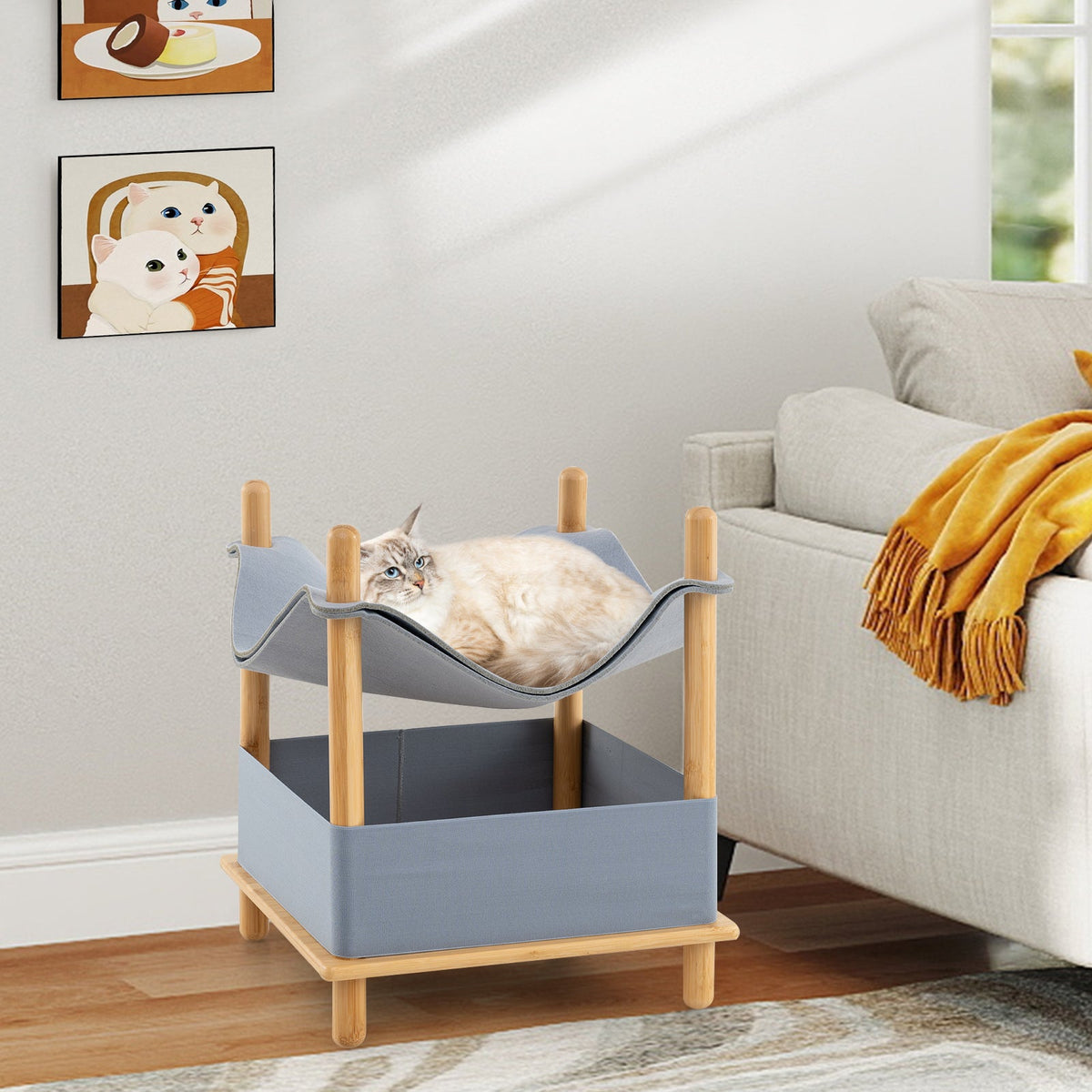 2-Tier Wooden Cat House with Semi-enclosed Condo and Removable Clothes-Gray