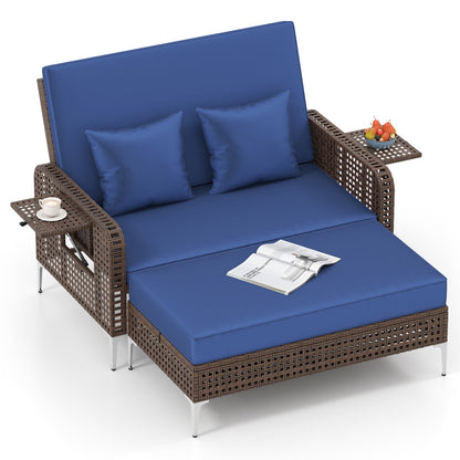 2 Piece Patio Rattan Daybed Wicker Loveseat and Ottoman with Adjustable Backrest