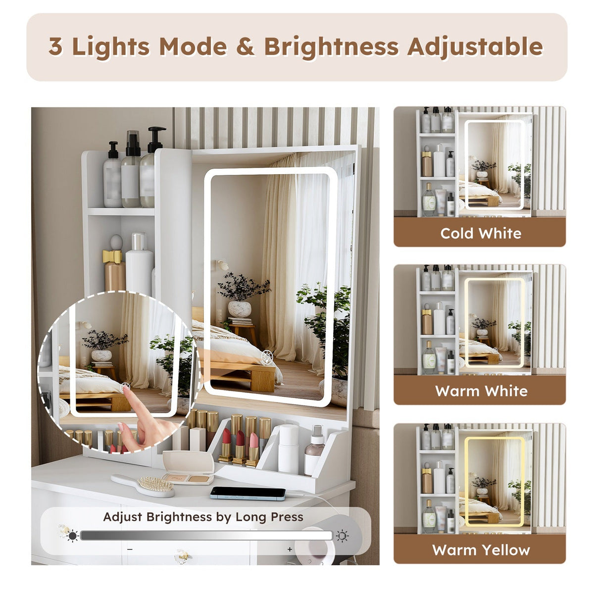 Vanity Desk Set with Lighted Mirror, 4 Drawers & Stool