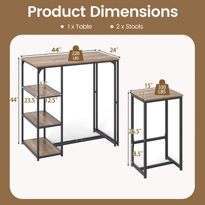 3-Piece Bar Table Set for 2 Bar-Height Dining Table with 2 Stools-Rustic Brown