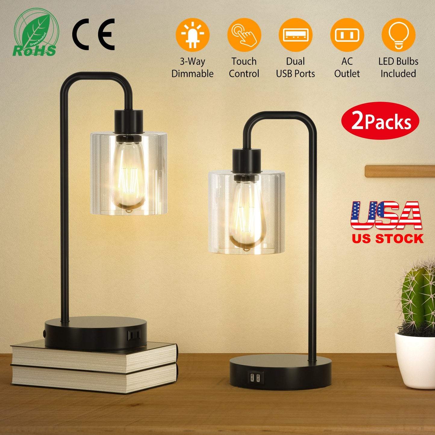 Touch Control Table Lamp with USB Ports & Dimmable Light