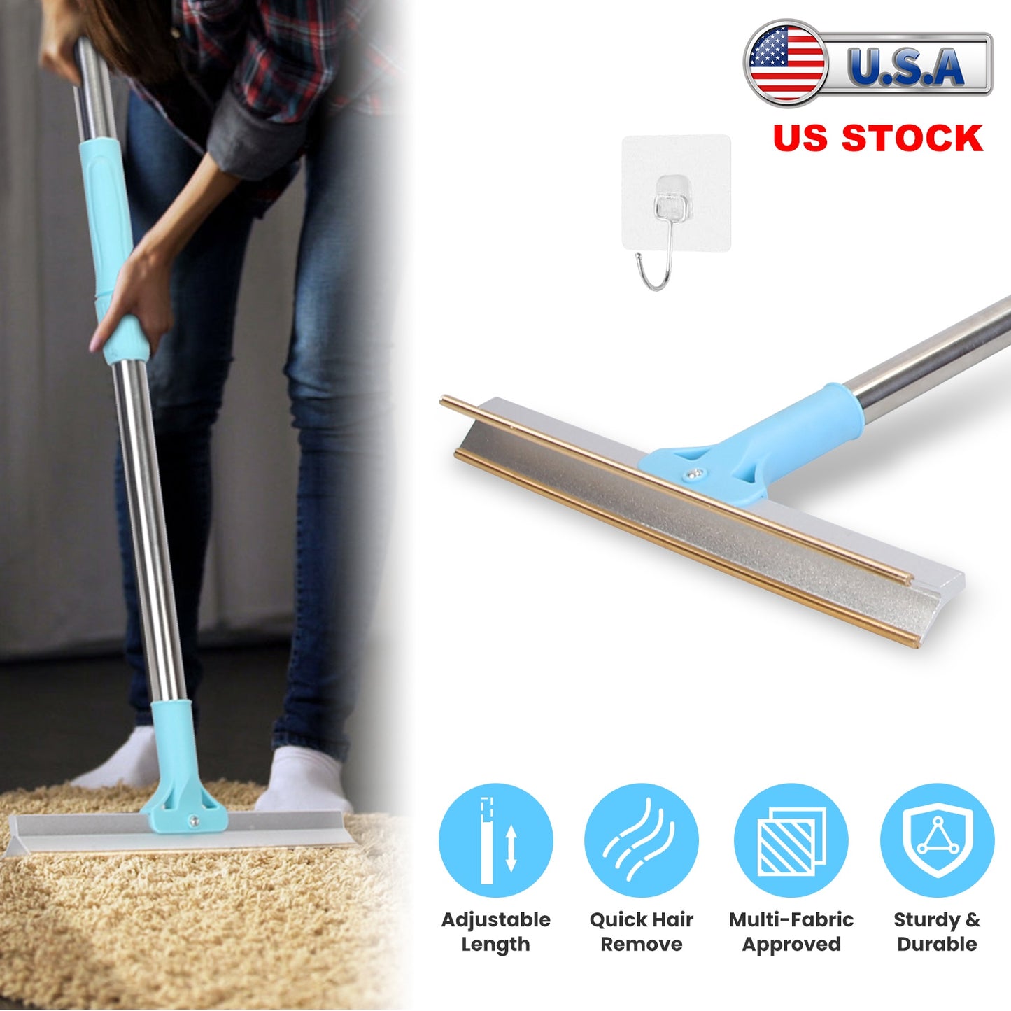 Pet Hair Removal Rake with 54" Adjustable Telescopic Handle