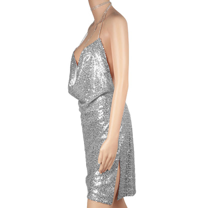 Sexy Women Chain Choker Side Slit Backless Slip Dress With Sequins