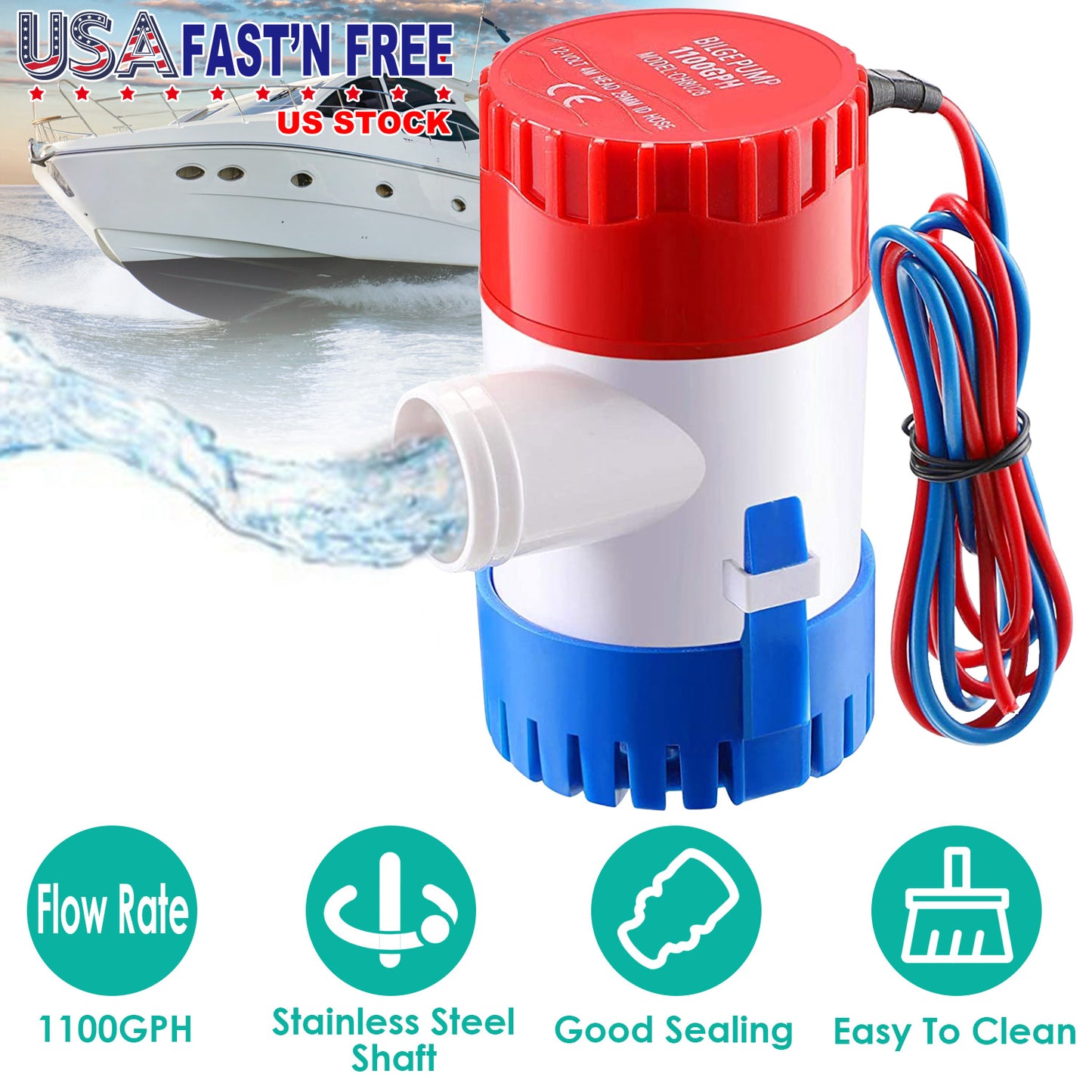 12V Submersible Bilge Pump 1100GPH Marine Water Drainage