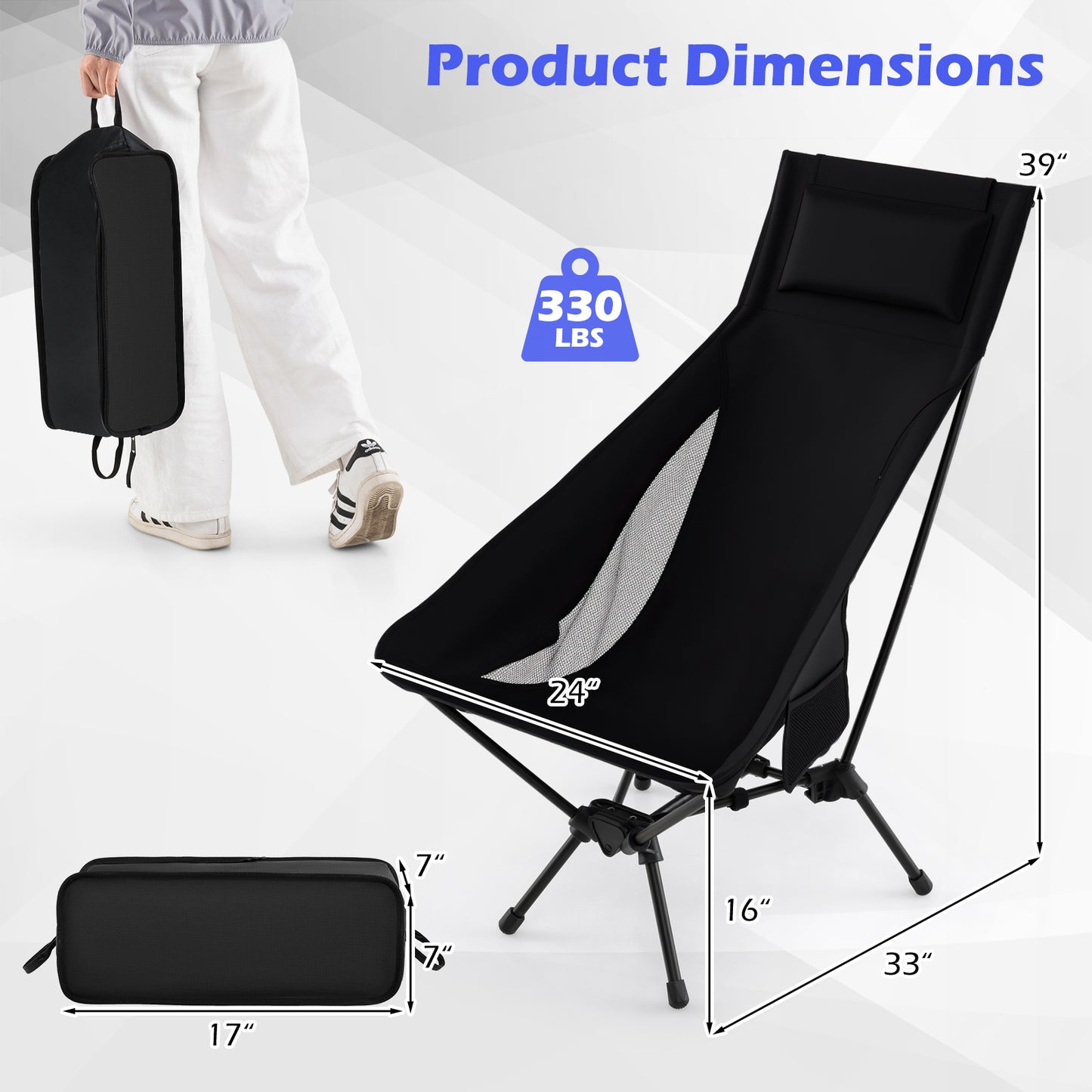 High Back Portable Camping Chair with Pillow and Carry Bag