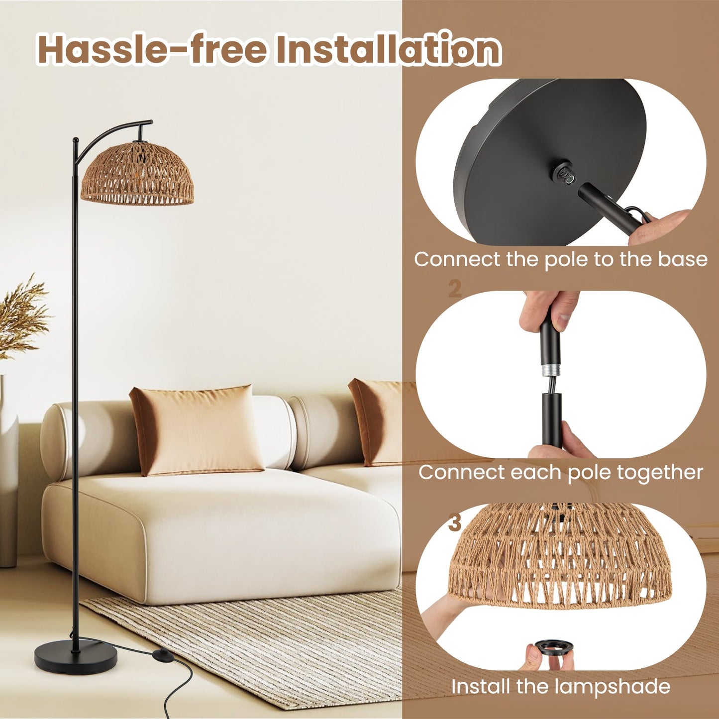 Arc Floor Lamp 63 Inches Tall Pole Lamp with Hanging Lampshade-Black