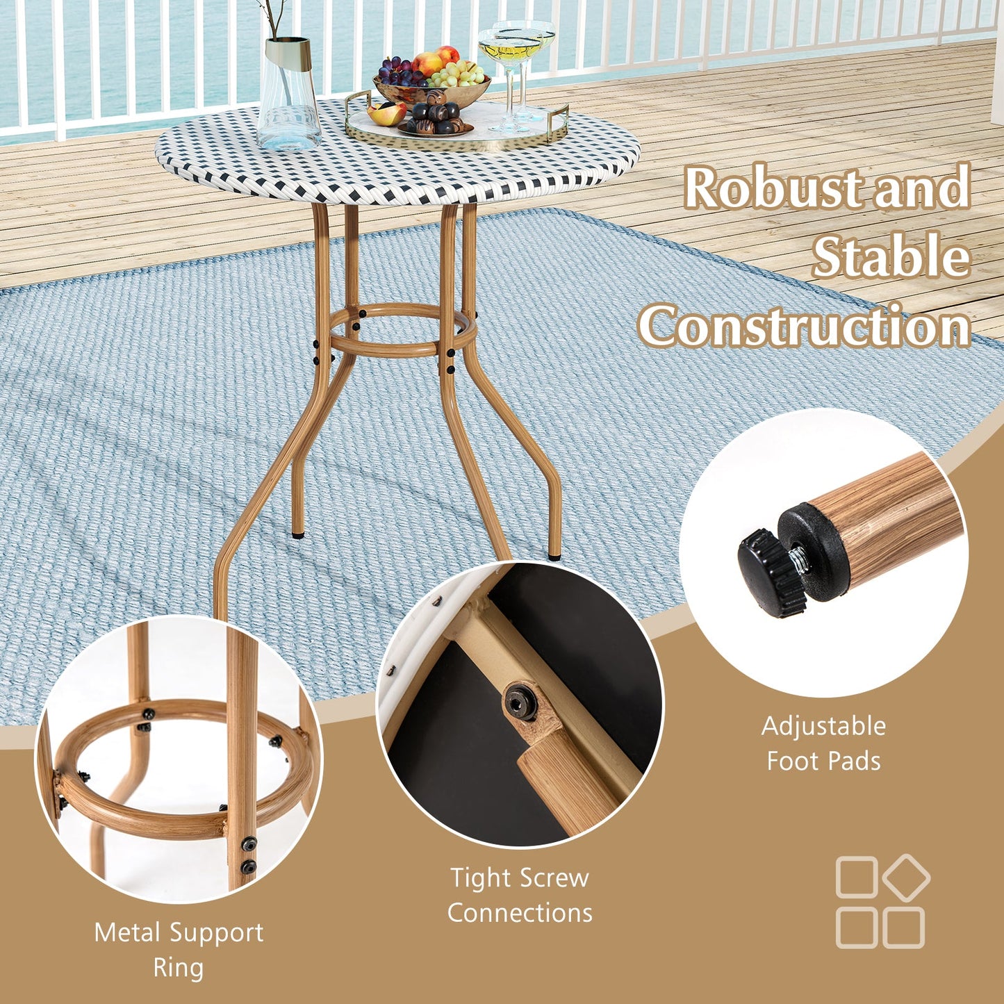 27.5 inch Outdoor Bistro Table with Heavy Duty Metal Frame and Adjustable Foot Pads-white