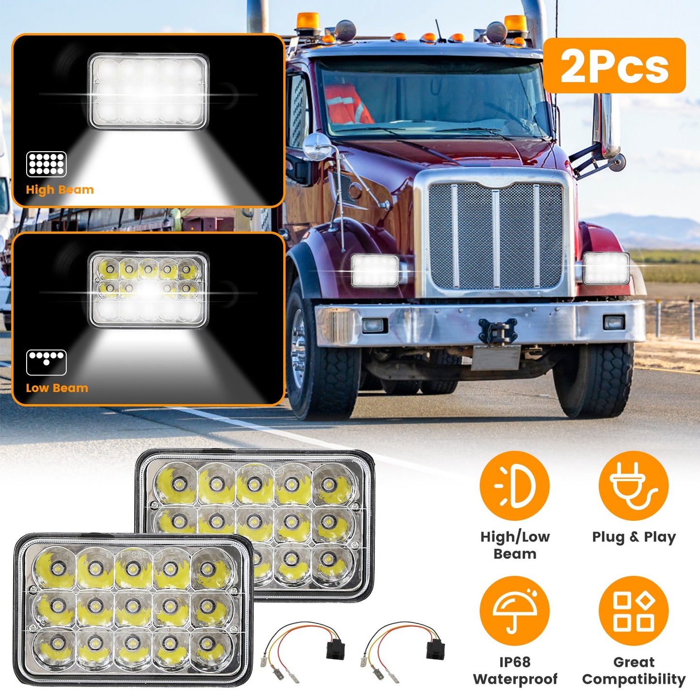 4x6 Inch LED Headlights with High/Low Beam for Cars & Trucks