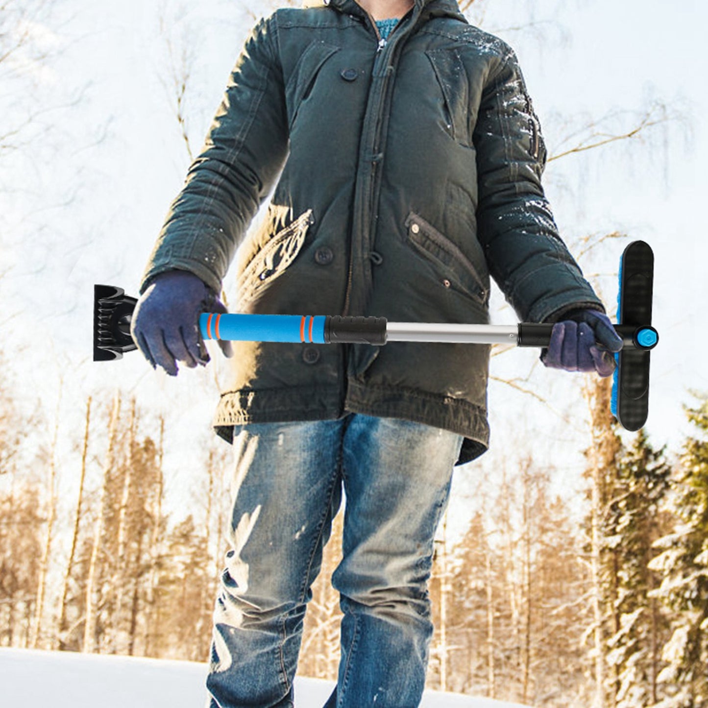 Extendable Snow Brush and Ice Scraper with Pivoting Head
