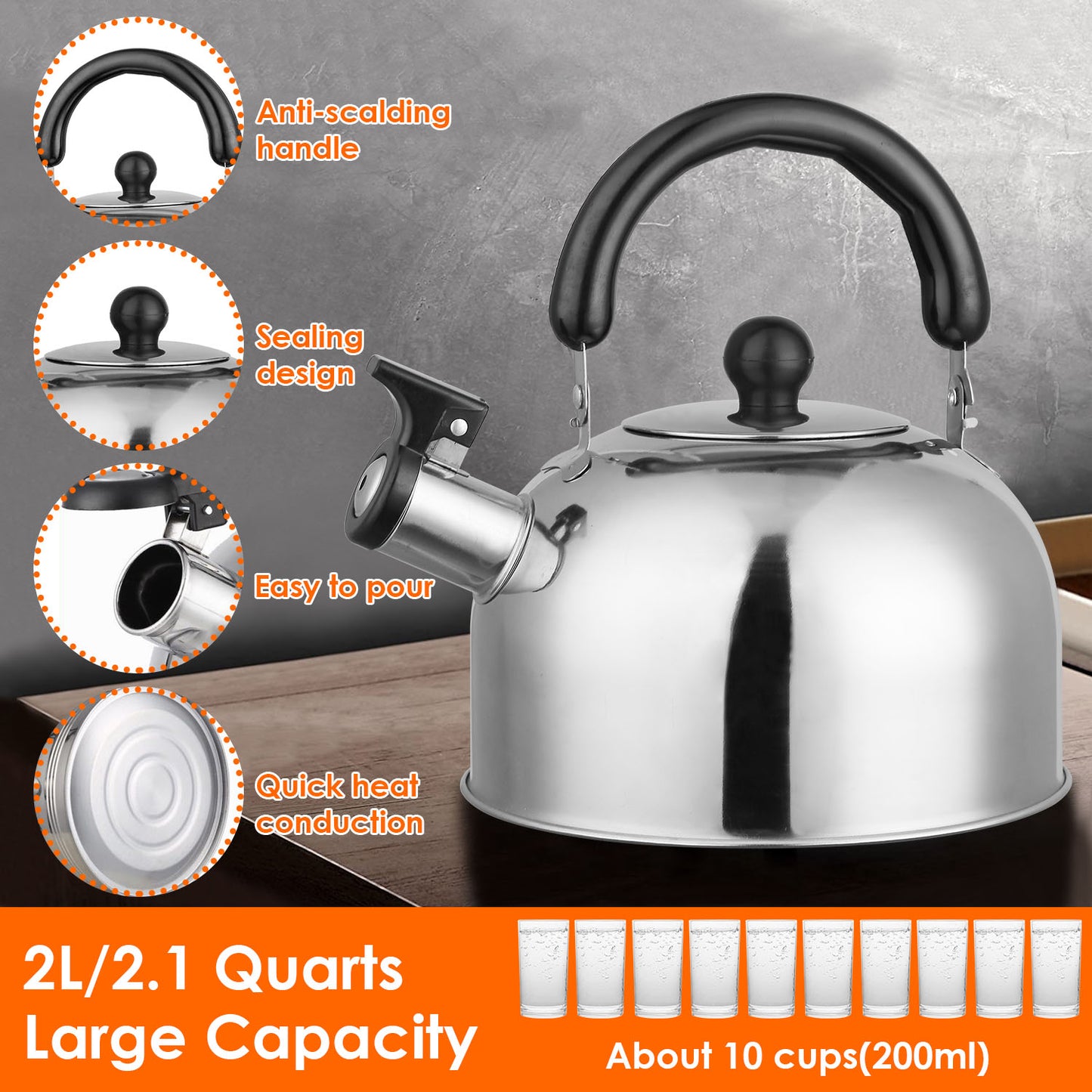 Whistling Tea Kettle 2.1 Quart Stainless Steel Stovetop