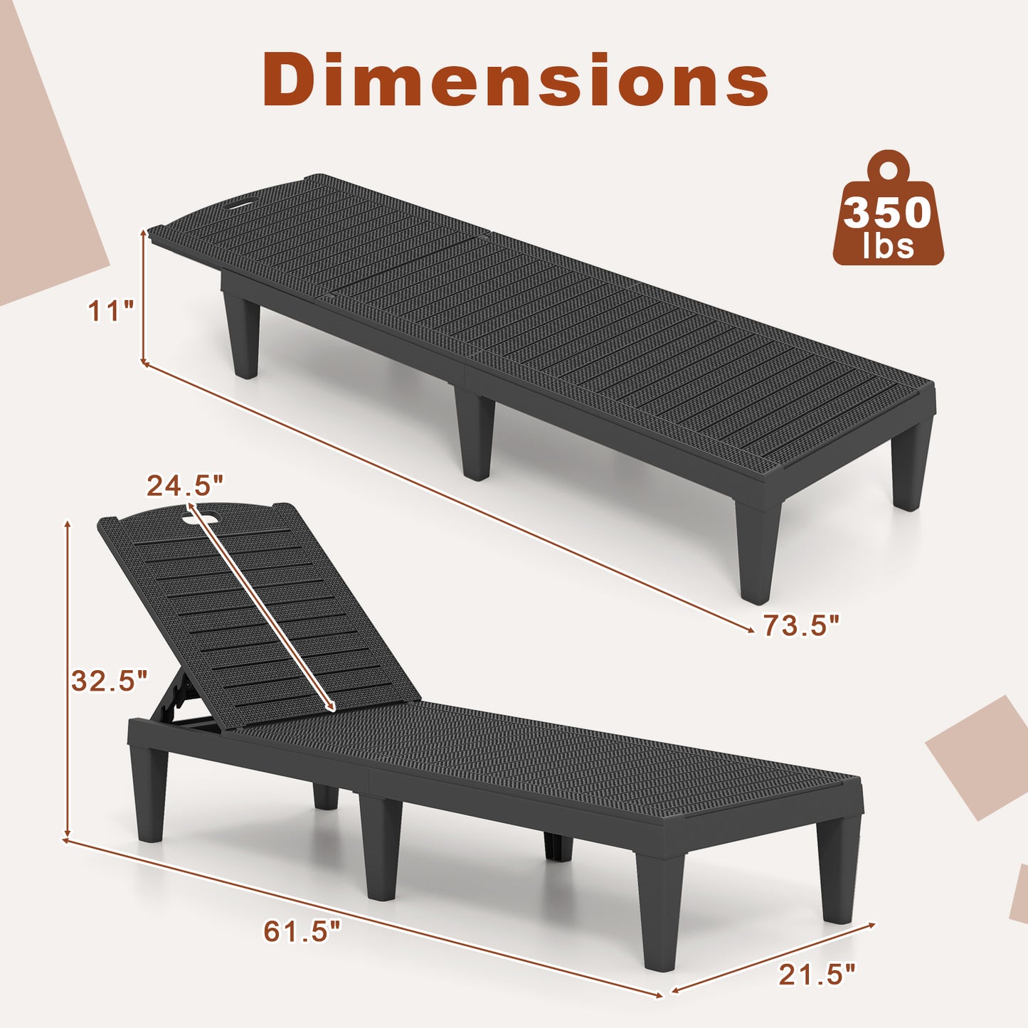 Adjustable Outdoor Chaise Lounge Chairs Set of 2 - 350 lbs
