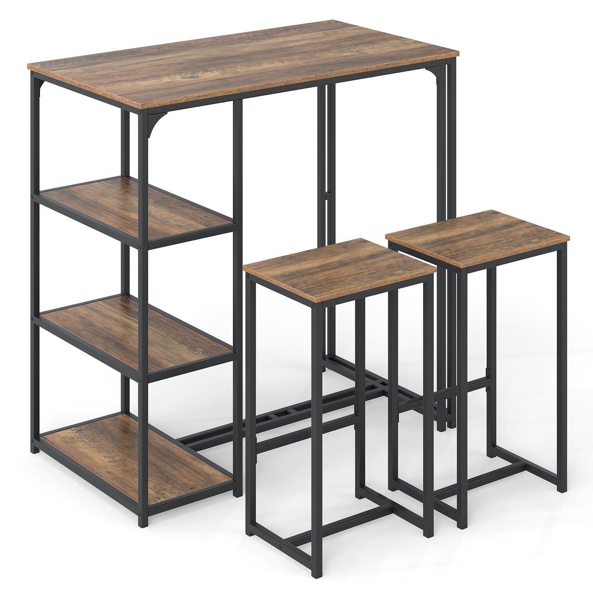 3-Piece Bar Table Set for 2 Bar-Height Dining Table with 2 Stools-Rustic Brown