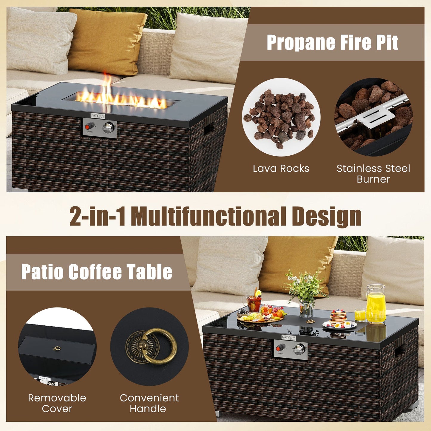 2-Piece Outdoor Rattan Fire Table Set 32 Inch Rectangle Gas Firepit with Tank Cover