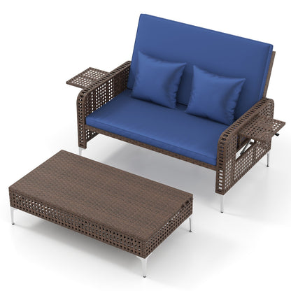 2 Piece Patio Rattan Daybed Wicker Loveseat and Ottoman with Adjustable Backrest