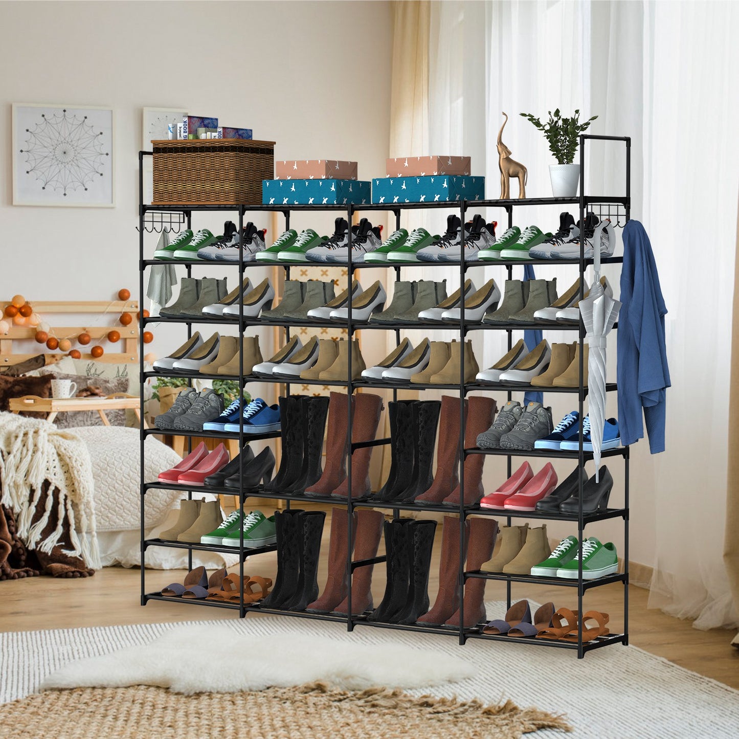 8-Tier Metal Shoe Rack - Holds 56 Pairs with Hooks