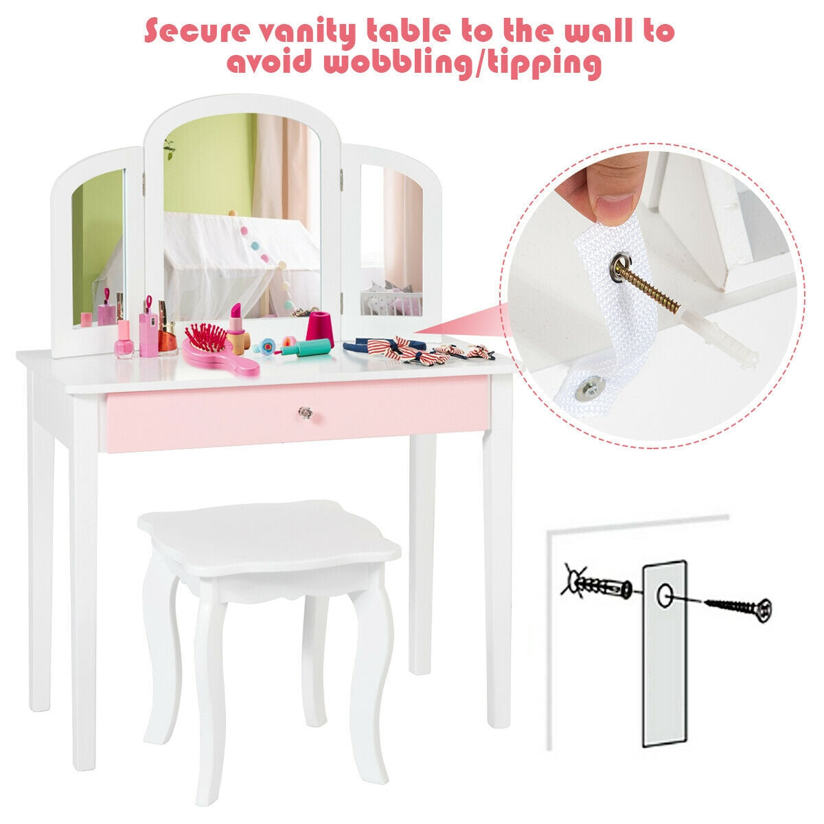 Kids Vanity Table with Tri-Fold Mirror and Chair Set