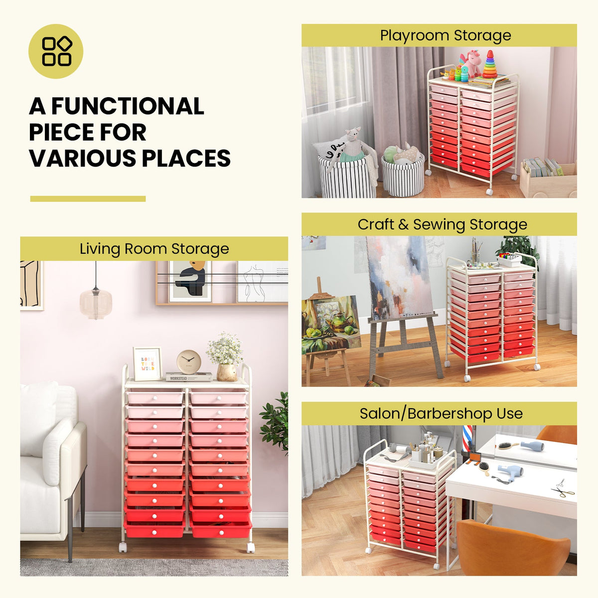 20 Drawers Rolling Storage Cart Studio Organizer-Gradient Pink