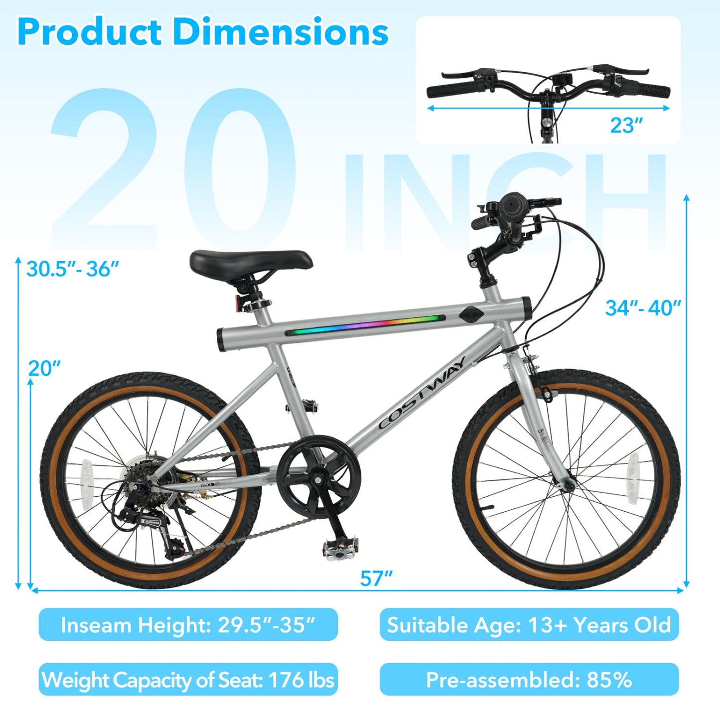 20 Inch LED-lit Cycling Bike with 2 Speakers and Ambient Lights for Men and Women