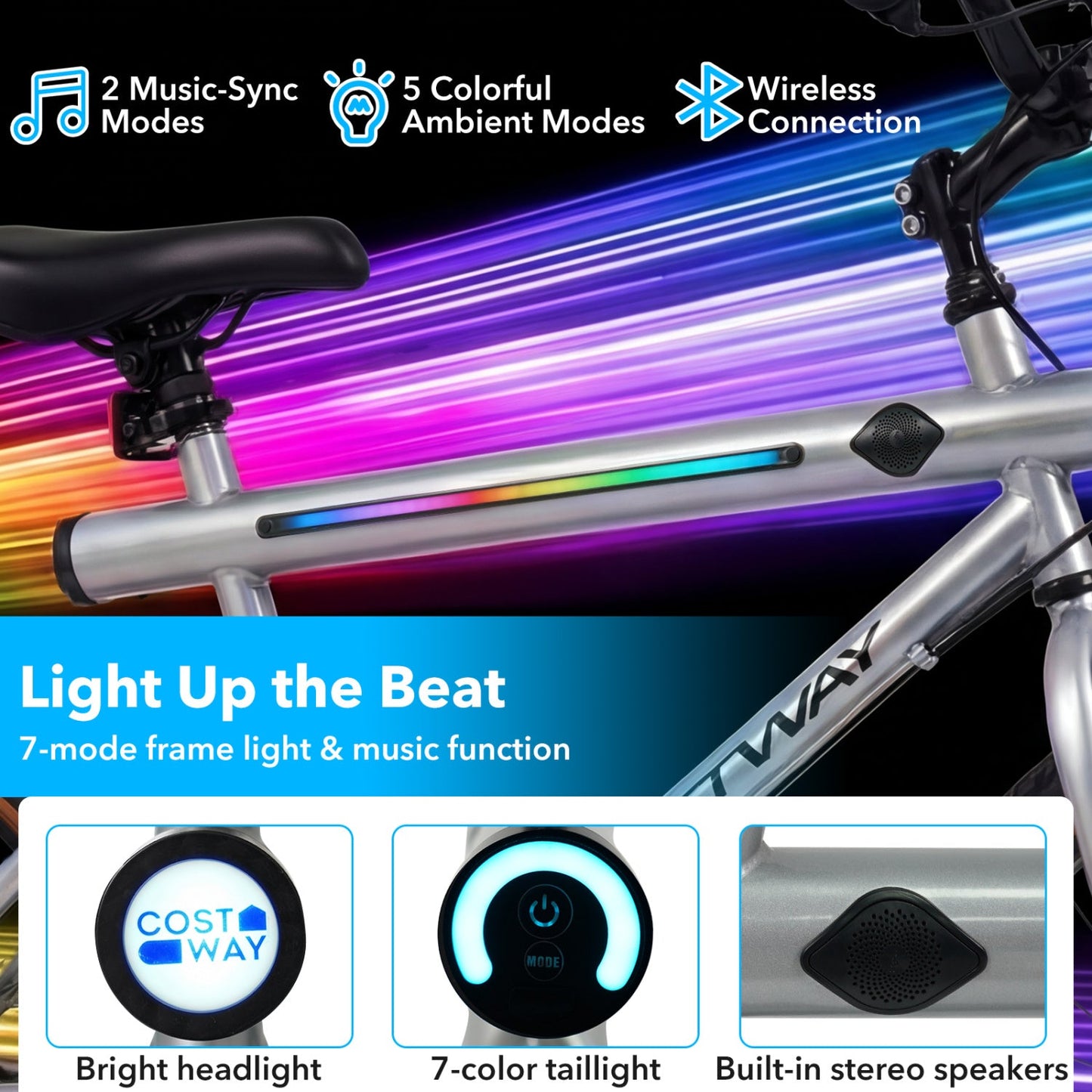 20 Inch LED-lit Cycling Bike with 2 Speakers and Ambient Lights for Men and Women