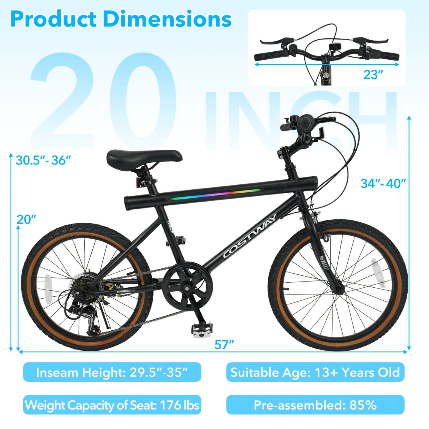 20 Inch LED-lit Cycling Bike with 2 Speakers and Ambient Lights for Men and Women
