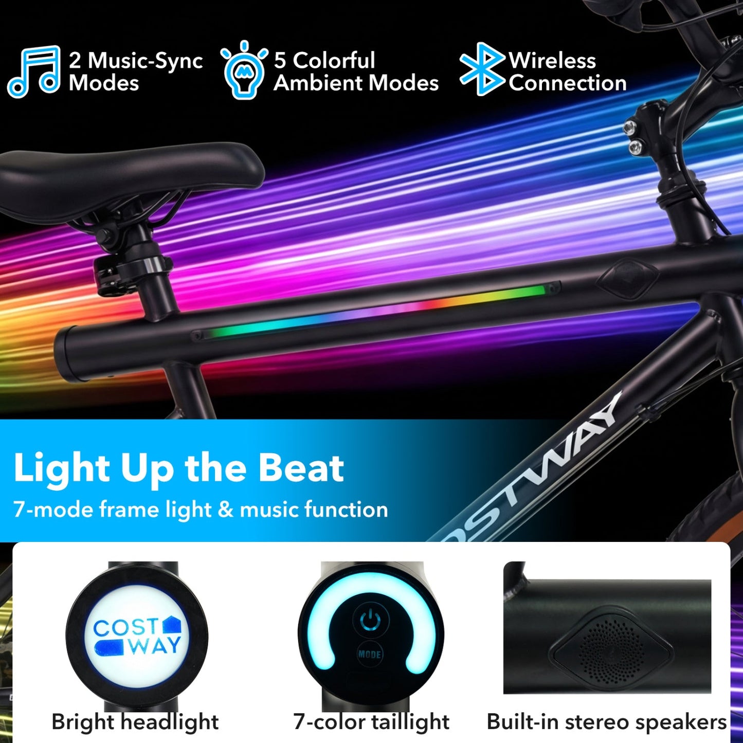 20 Inch LED-lit Cycling Bike with 2 Speakers and Ambient Lights for Men and Women