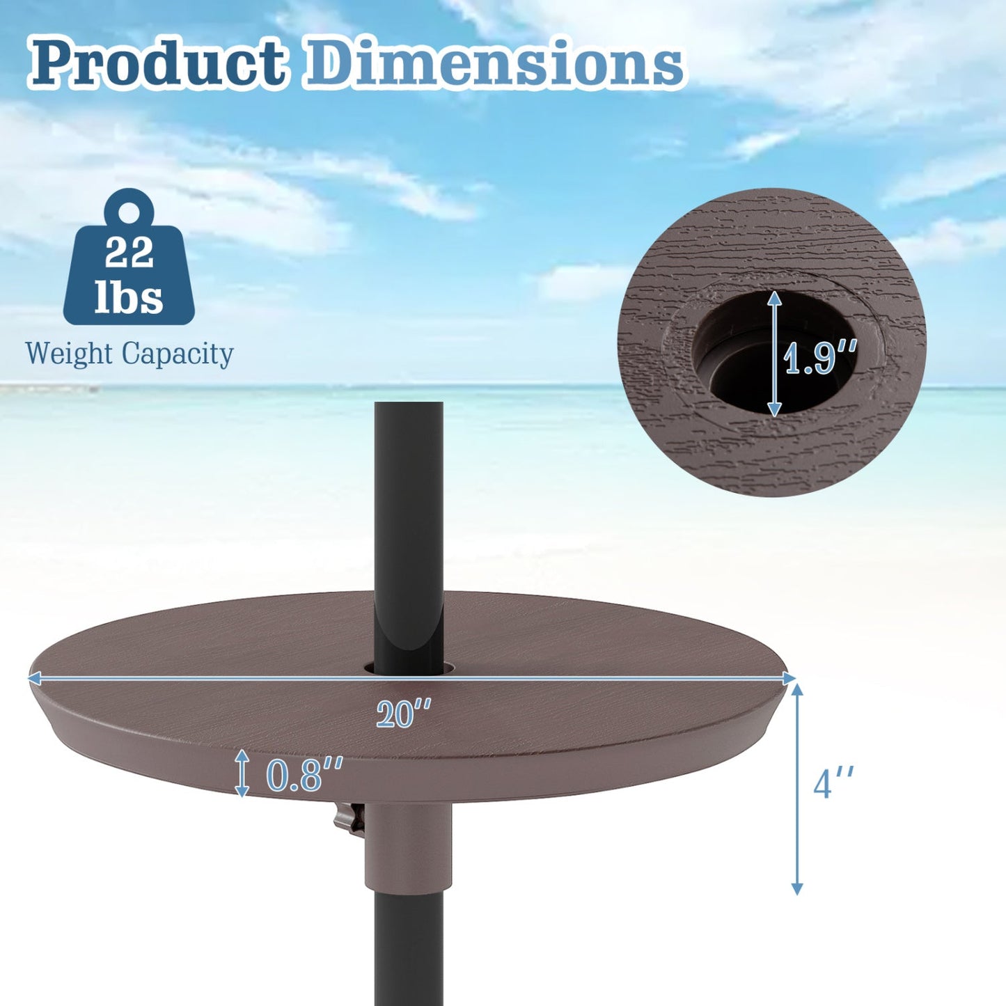 20 Inch Outdoor Adjustable Umbrella Table for 2 Sizes Patio Umbrella Pole